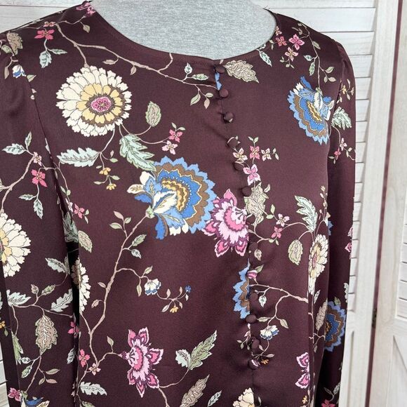 Vince Camuto Floral Puff Sleeve Button Front Blouse Brown Pink Small Wildflower - Picture 5 of 12